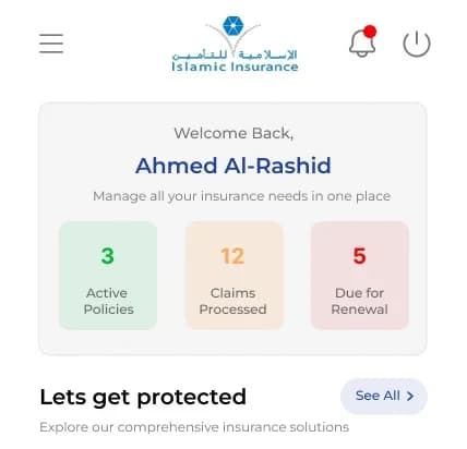 QIIC insurance app home screen: a personalised welcome, then counts of active policies, processed claims and policies due for renewal